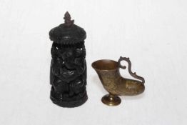 Ganesh-Hindu wood carving 12.5cm, and small bronze wine cup (2).