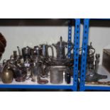 Collection of silver plated ware including pair of candlesticks, tea and coffee pots,