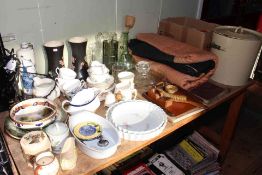 Collection of decorative porcelain, quilt, Ordnance maps, bread bin, glass, etc.