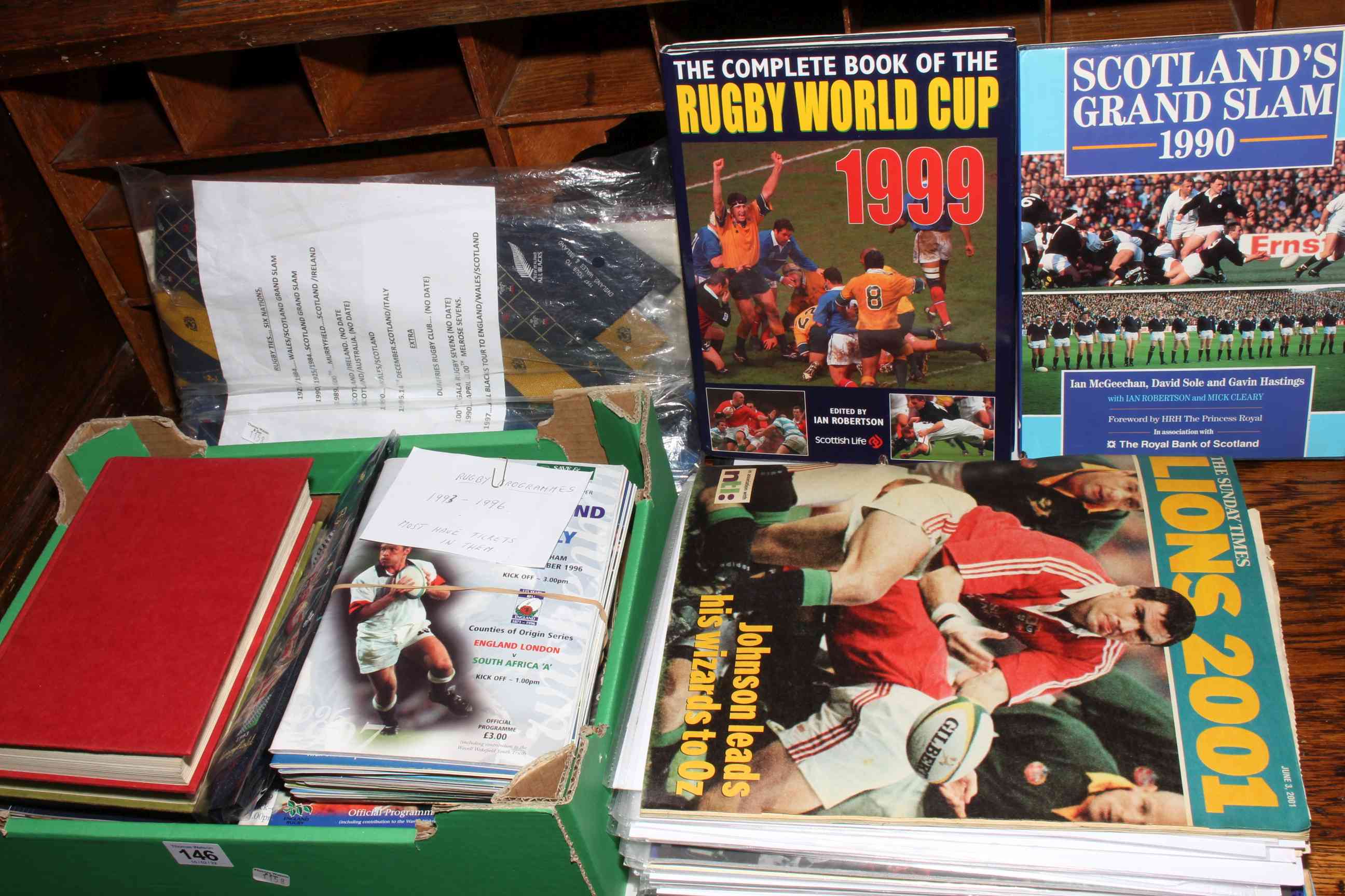 Collection of Rugby programmes c1990s (with tickets), ties, books and Six Nation interest ephemera.