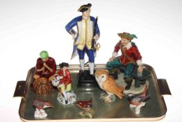 Tray lot with four figurines, owl and three birds including Royal Worcester Admiral.