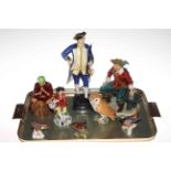 Tray lot with four figurines, owl and three birds including Royal Worcester Admiral.