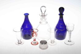 Antique Bristol Blue Hollands decanter, and rum and clear decanter, cotton twist wine glass, etc.