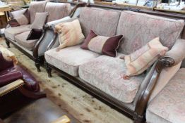 Barker & Stonehouse pair mahogany framed two seater settees and footstool.