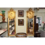 Pair rectangular gilt portrait and bevelled wall mirrors, 180cm by 53cm.