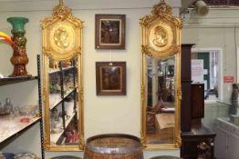 Pair rectangular gilt portrait and bevelled wall mirrors, 180cm by 53cm.