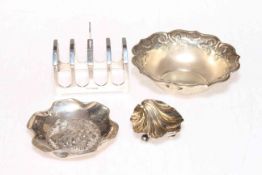 Silver toast rack, salt, two Continental silver dishes (4).