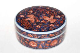 Chinese brush bowl and cover, decorated with iron red exotic birds and foliage on blue ground,