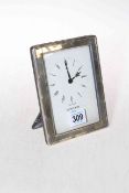 Silver framed clock, 15cm by 12cm.