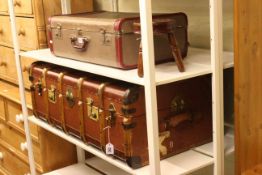 Canvas bound trunk, tin trunk, vintage suitcase, needlework panel firescreen and milking stool (5).