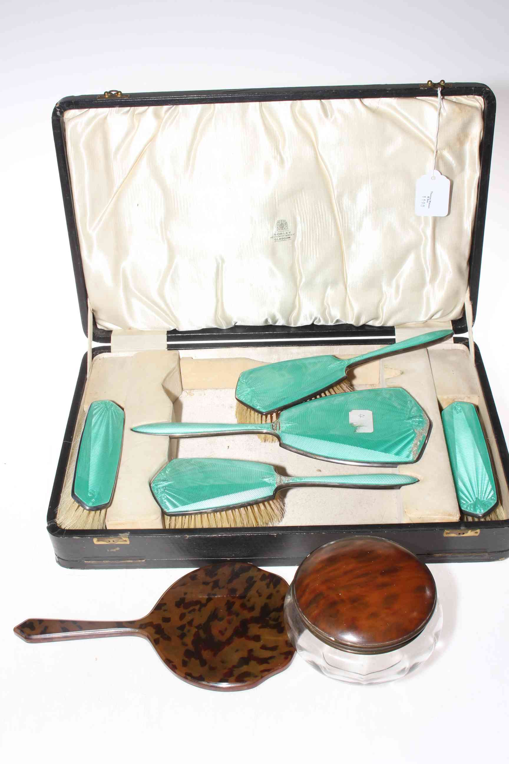 Cased silver and enamel brush set, jewellery, etc.