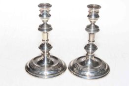 Pair silver George II style candlesticks, London 1973, 16cm, loaded.
