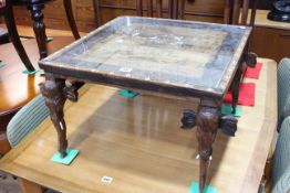 Indian inlaid and carved low occasional table on elephant legs, 37cm by 54cm by 54cm.