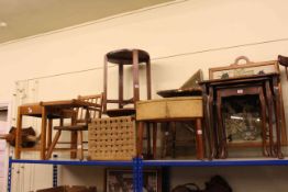 Nest of three tables, woolwork panel firescreen, child's chair, three stools,