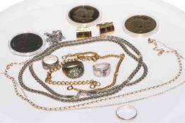 Jewellery including 9 carat gold chain and silver necklace, and three Crowns.