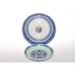 Chinese blue and white dish with fish decoration, 18cm diameter, and armorial dish (2).