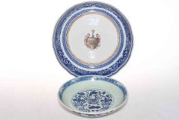 Chinese blue and white dish with fish decoration, 18cm diameter, and armorial dish (2).