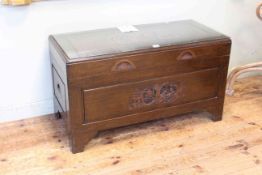 Oriental carved camphorwood trunk (lid needs attention), 53cm by 92cm by 45cm.