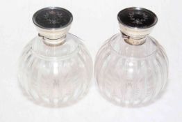 Pair of silver and tortoiseshell topped spherical glass scent bottles, Birmingham 1917.