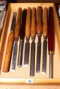 Tray of wood turners and chisels.