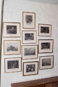 Ten gilt framed coloured prints of engravings and etchings, all titled.