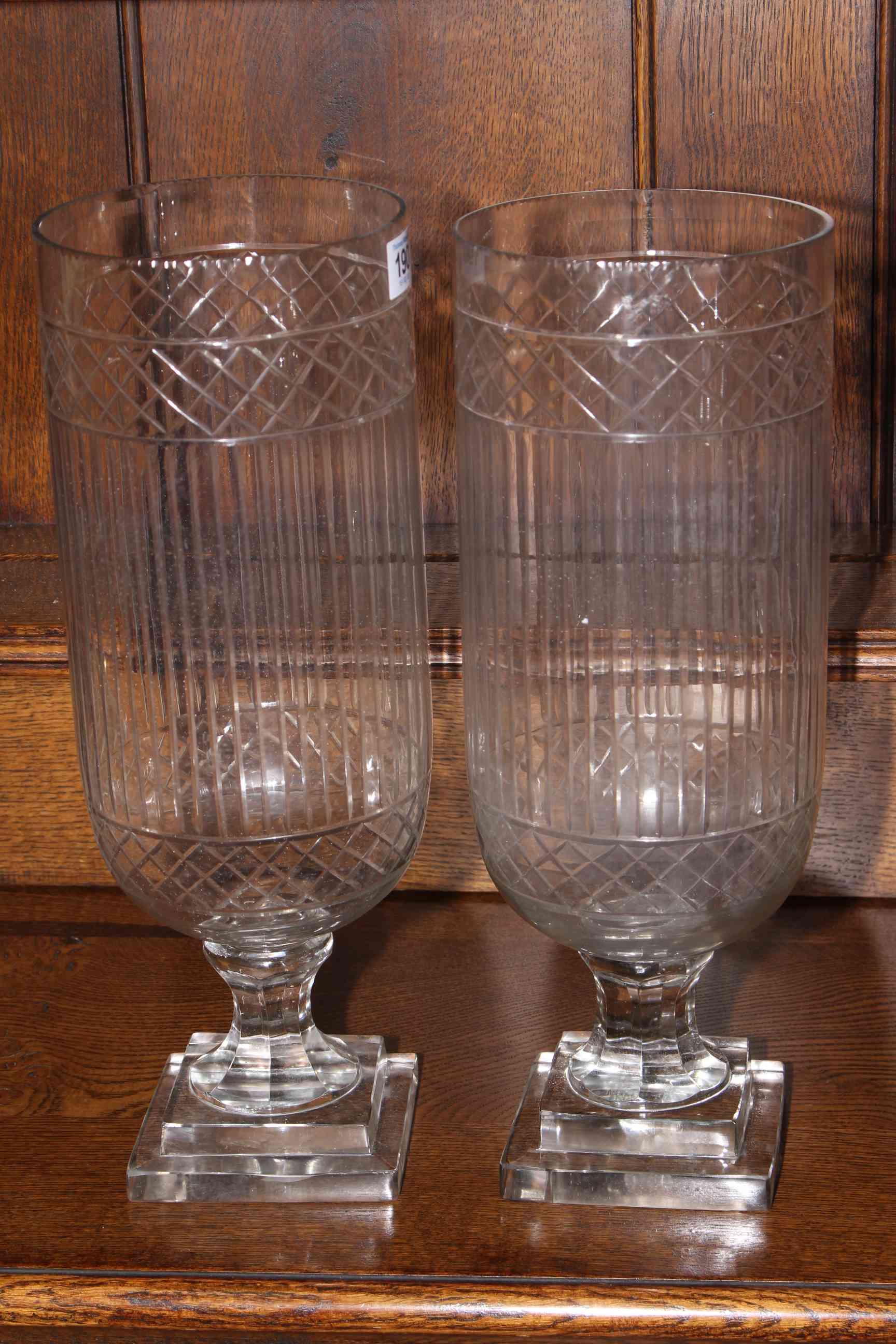 Pair tall glass faceted vases, 40cm.