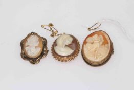 Three cameo brooches, one hallmarked 9 carat.