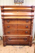 Victorian mahogany Scotch chest of six long drawers with twist columns, 165cm by 124cm by 61cm.