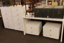 Contemporary white five piece bedroom suite comprising pair five drawer chests,