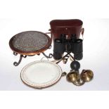19th Century trivet and plate warmer, bicycle horn, Zeiss 10x50 binoculars.