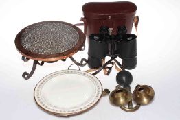 19th Century trivet and plate warmer, bicycle horn, Zeiss 10x50 binoculars.