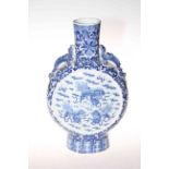 Antique Chinese large blue and white moon flask vase with panels of foo dogs with balls and dragon