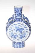 Antique Chinese large blue and white moon flask vase with panels of foo dogs with balls and dragon