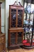 Edwardian mahogany and line inlaid astragal glazed four door corner display cabinet, 207cm.