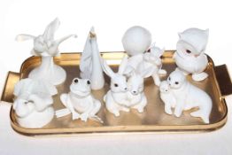 Eight white china animal figures. mostly Royal Osbourne.