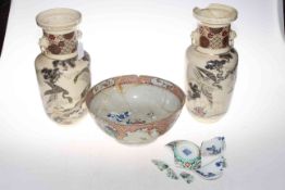 Pair Oriental pottery vases, 32cm, and broken Chinese bowls.
