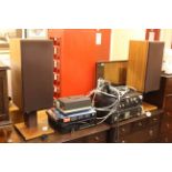 Technics music system, Pioneer CD player, pair B&W speakers, monitor and projector.