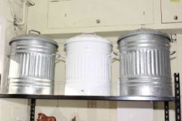 Pair of galvanised and single painted lidded waste bins (3).