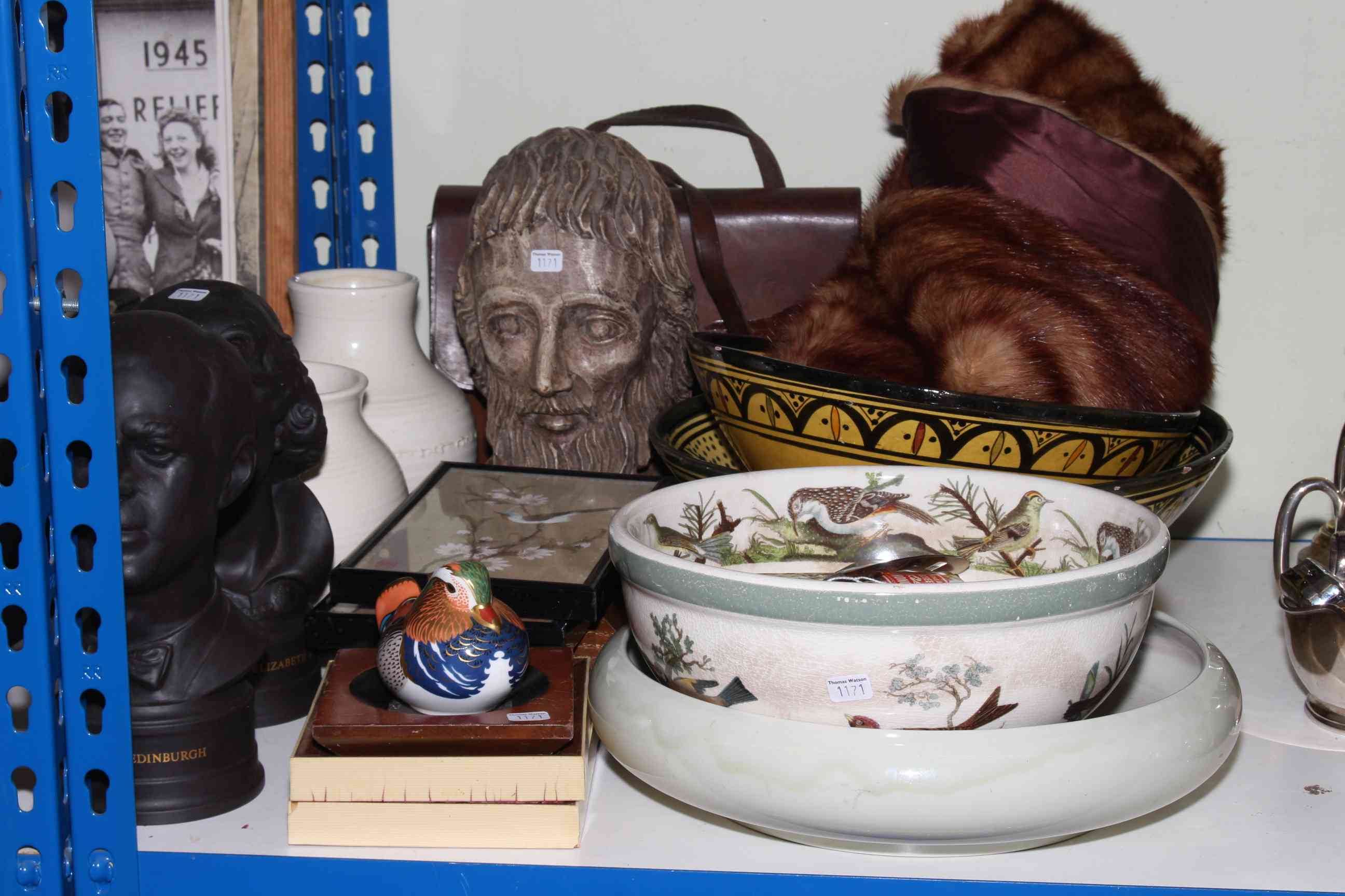 Wedgwood QEII and Duke of Edinburgh busts, various bowls, two white glazed Moorcroft vases,