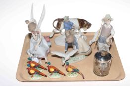 Three Lladro figures, two Nao Geese, Continental group, four Pheasants and silver topped jar.