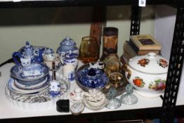 Assorted blue and white china, Worcester Evesham flan dish, Bretby and glass vases, books, etc.