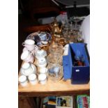 Gilt lustre and Wedgwood coffee ware, glassware, Ringtons and other cutlery, etc.