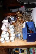 Gilt lustre and Wedgwood coffee ware, glassware, Ringtons and other cutlery, etc.