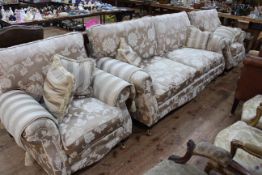 Barker & Stonehouse three piece lounge suite in classical floral pattern fabric with arm covers and