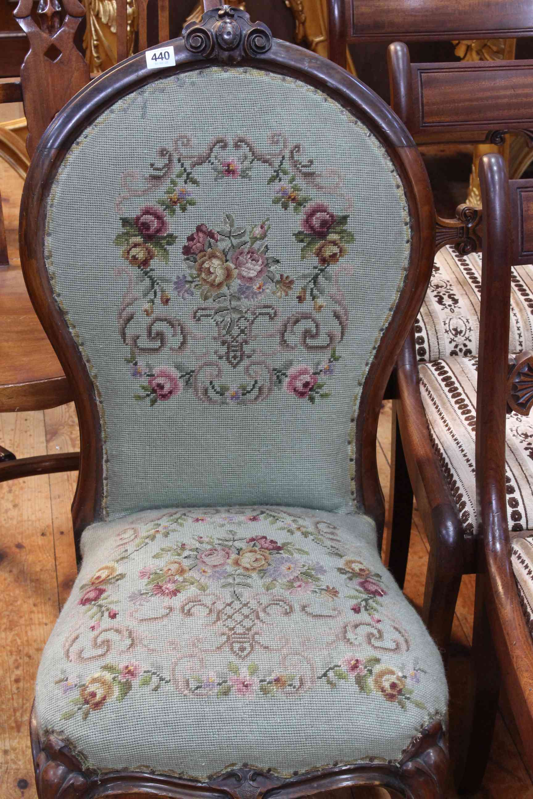 Victorian mahogany framed spoon back nursing chair in floral needlework. - Image 2 of 2