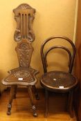 Carved oak sewing chair, child's Bentwood chair,