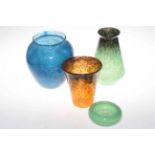 Three Monart glass vases and small circular bowl.