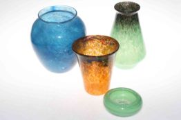 Three Monart glass vases and small circular bowl.