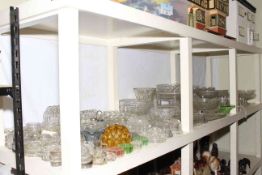 Large collection of glassware including jelly moulds, vases, bowls, comports, etc.