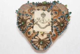 War time 'Think of Me' heart shaped pin cushion with DLI card, and pair brass mounted horseshoes.